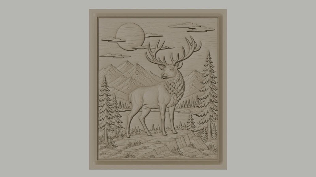 Fichier CNC & impression 3D cerf majestueux, paysage montagneux avec sapins et lune, haute qualité relief STL