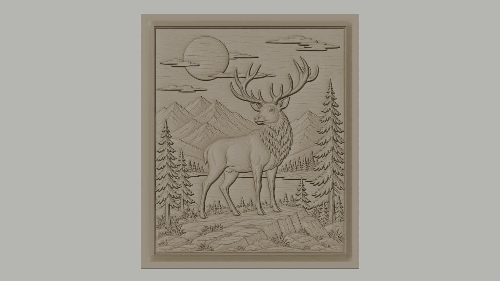 Fichier CNC & impression 3D cerf majestueux, paysage montagneux avec sapins et lune, haute qualité relief STL