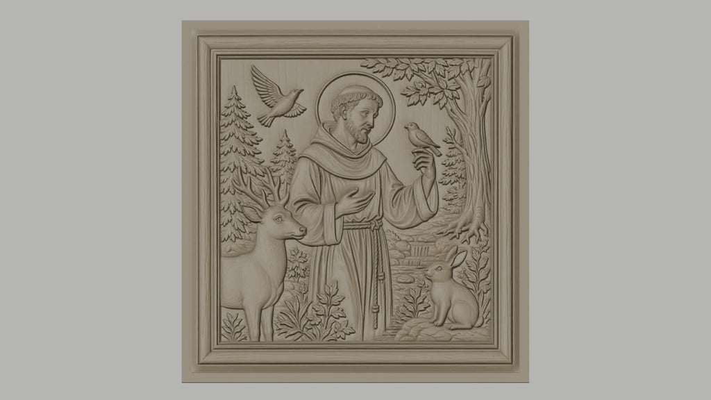 Fichier CNC & impression 3D saint François avec animaux, cerf oiseaux et lapin, haute qualité relief STL