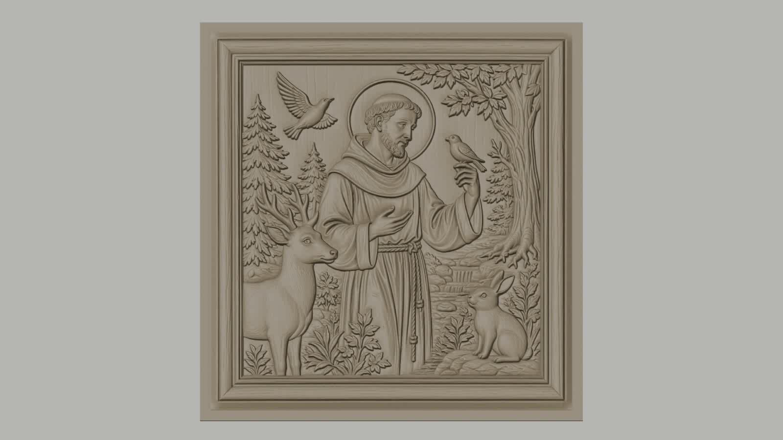 Fichier CNC & impression 3D saint François avec animaux, cerf oiseaux et lapin, haute qualité relief STL