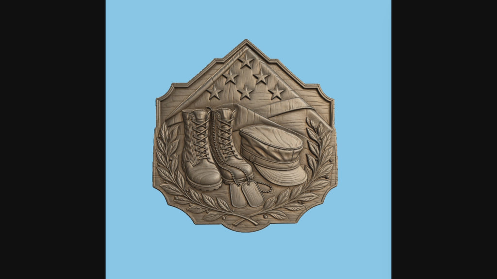 Relief mémorial militaire CNC & impression 3D, bottes soldat, dog tags, drapeau américain, fichier STL très haute qualité