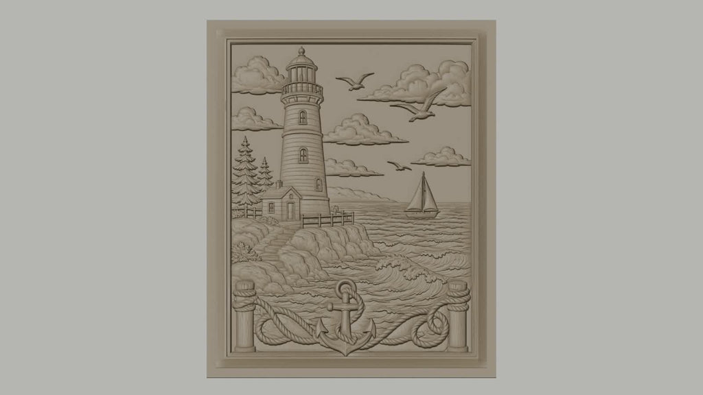 Fichier CNC & impression 3D scène marine, phare, bateau à voile, ancre, relief côtier haute qualité relief STL