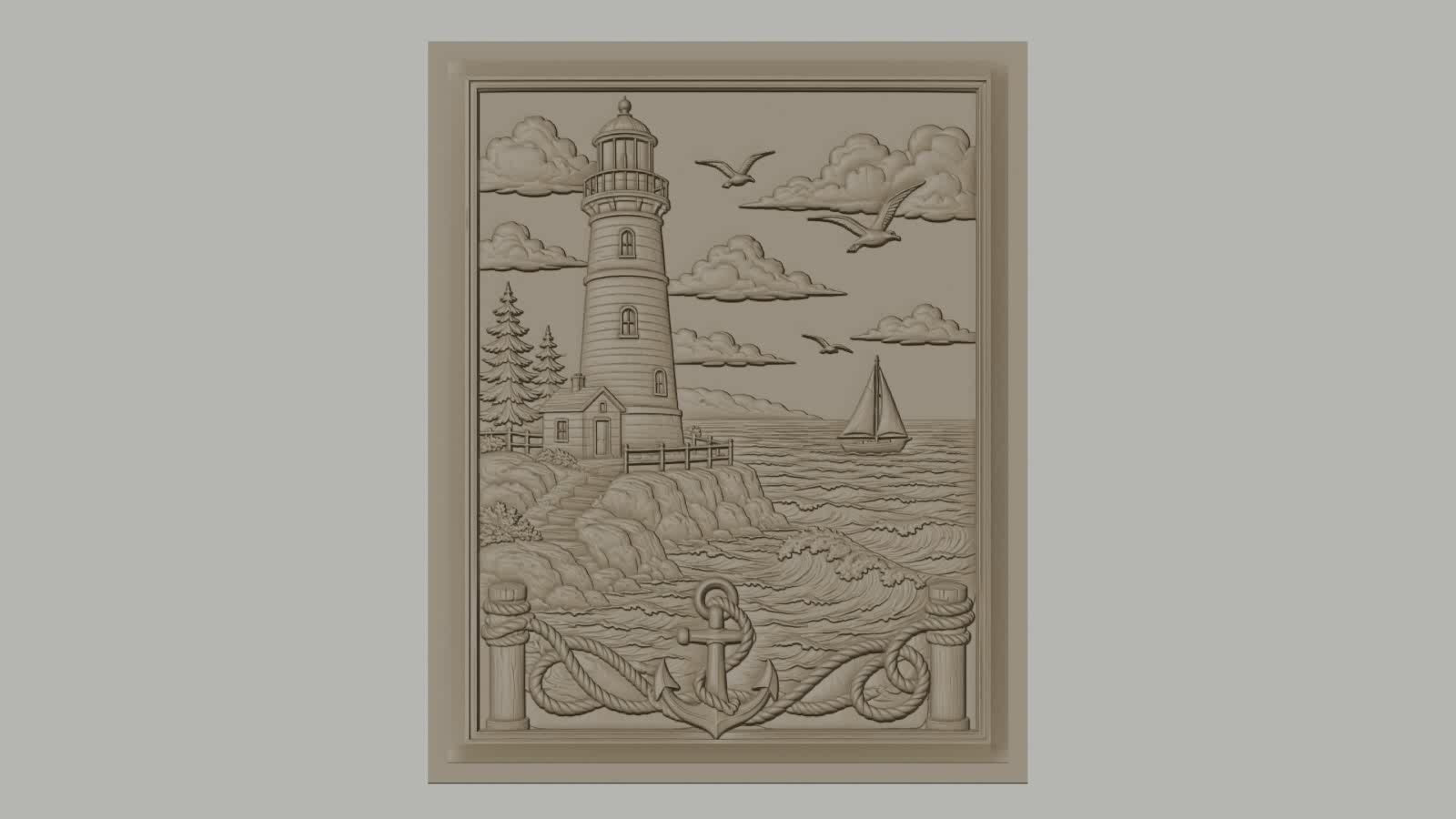 Fichier CNC & impression 3D scène marine, phare, bateau à voile, ancre, relief côtier haute qualité relief STL