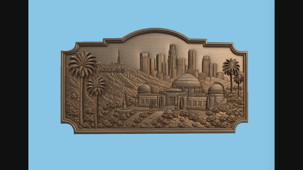 CNC & impression 3D relief Hollywood Los Angeles, skyline, observatoire Griffith, palmiers, fichier STL haute qualité