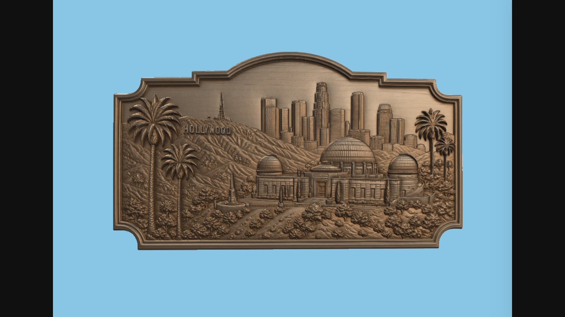 CNC & impression 3D relief Hollywood Los Angeles, skyline, observatoire Griffith, palmiers, fichier STL haute qualité