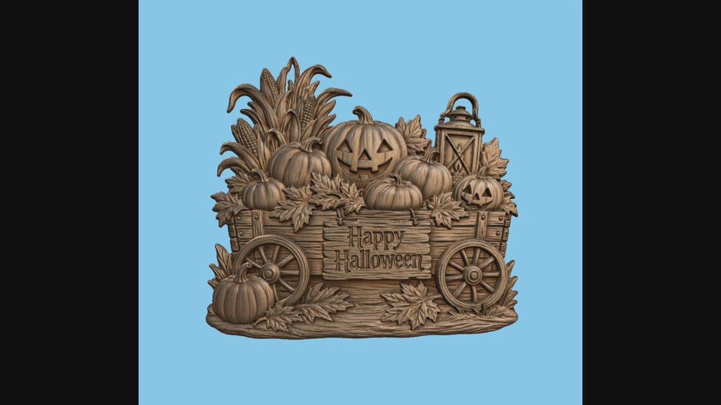 CNC & impression 3D relief chariot Halloween, citrouilles, lanterne et panneau Happy Halloween, fichier STL haute qualité