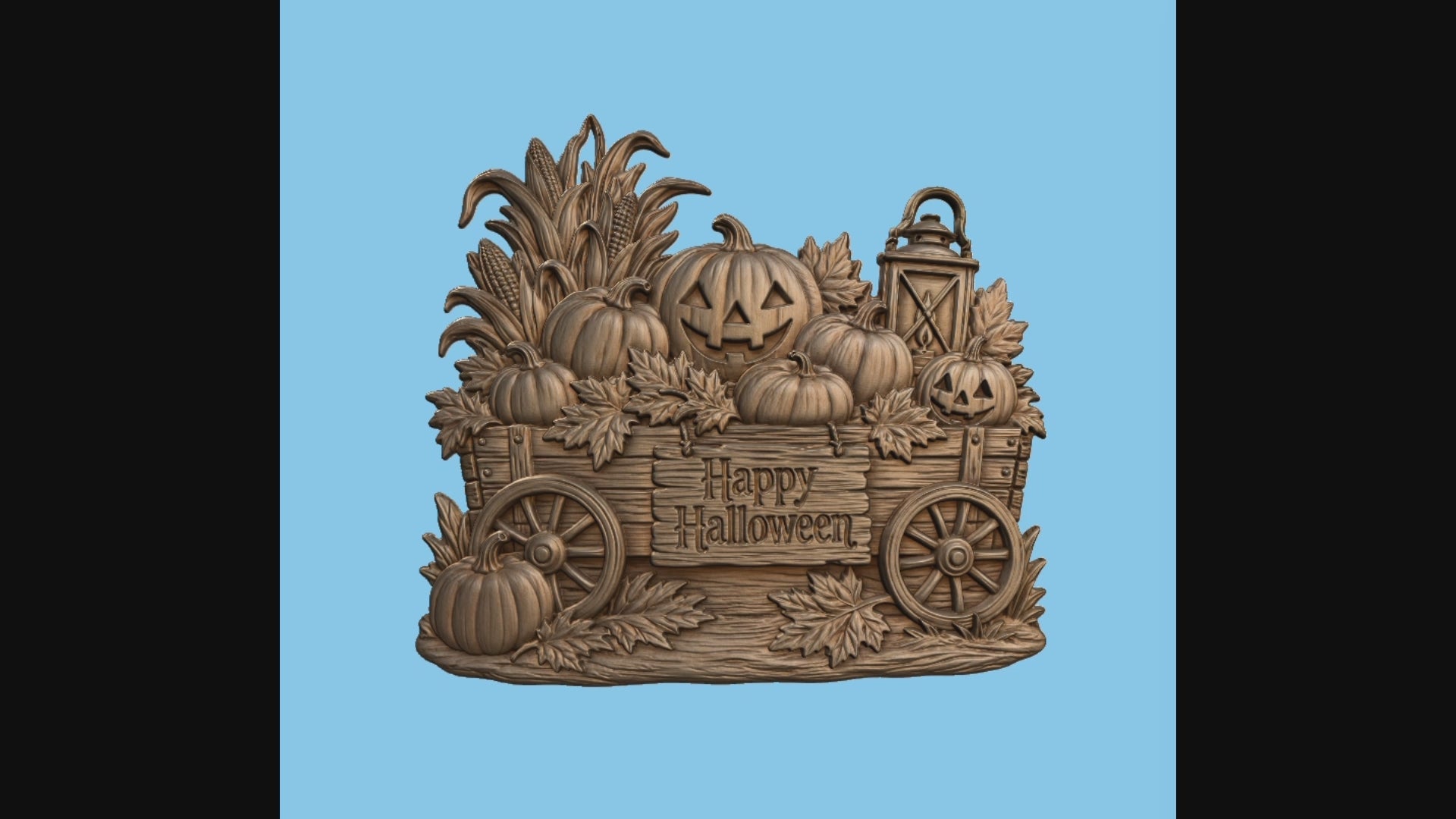 CNC & impression 3D relief chariot Halloween, citrouilles, lanterne et panneau Happy Halloween, fichier STL haute qualité