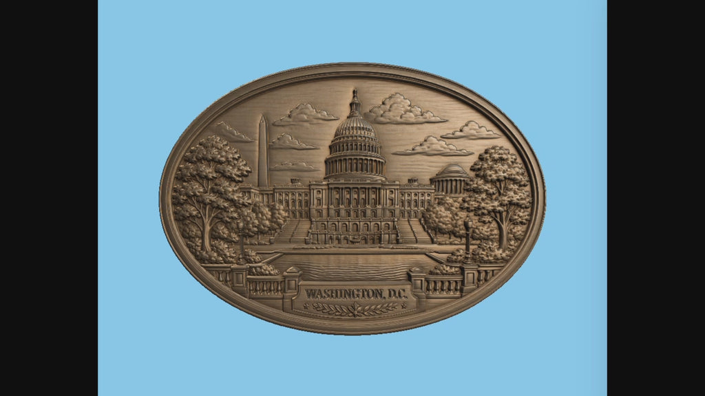 CNC & impression 3D relief Washington D.C., Capitole américain, monuments USA, plaque ovale sculpture bois fichier STL haute qualité