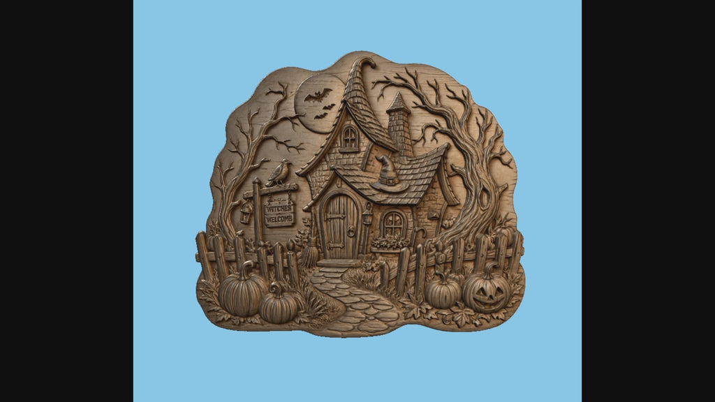 CNC & impression 3D relief maison de sorcière Halloween, citrouilles et panneau Witches Welcome, fichier STL haute qualité