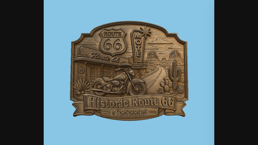 CNC & impression 3D relief Route 66 Centennial, moto vintage, motel et désert américain, sculpture bois fichier STL haute qualité