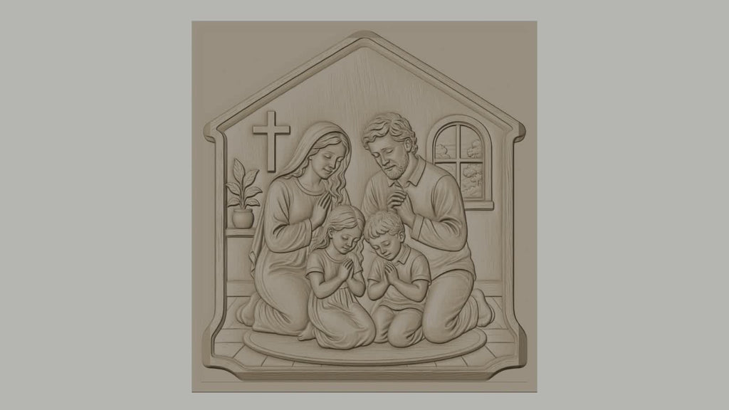 Fichier CNC & impression 3D famille en prière chrétienne, scène religieuse avec croix et enfants, haute qualité relief STL