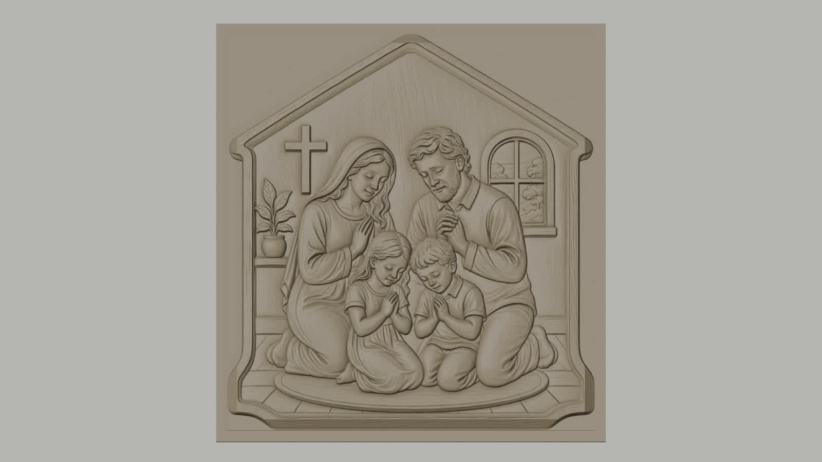 Fichier CNC & impression 3D famille en prière chrétienne, scène religieuse avec croix et enfants, haute qualité relief STL
