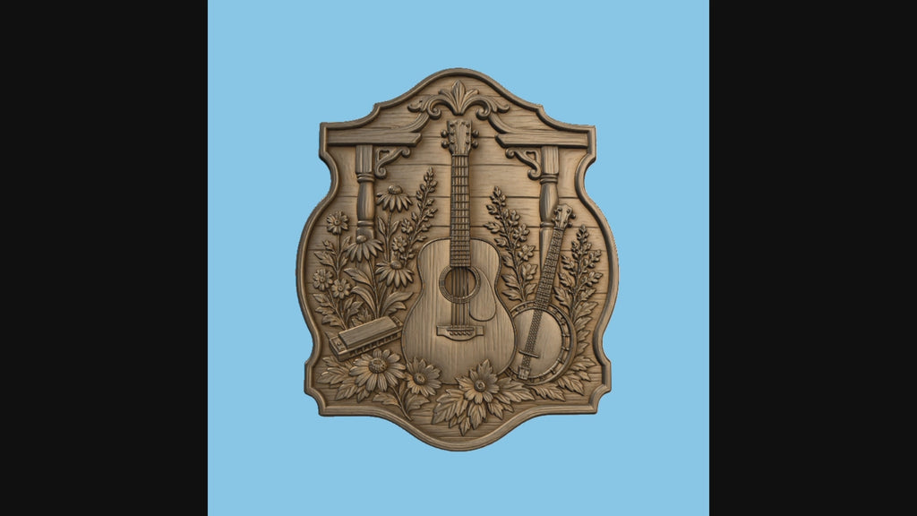 Relief musique guitare banjo et fleurs, fichier STL de très haute qualité pour sculpture bois CNC & impression 3D