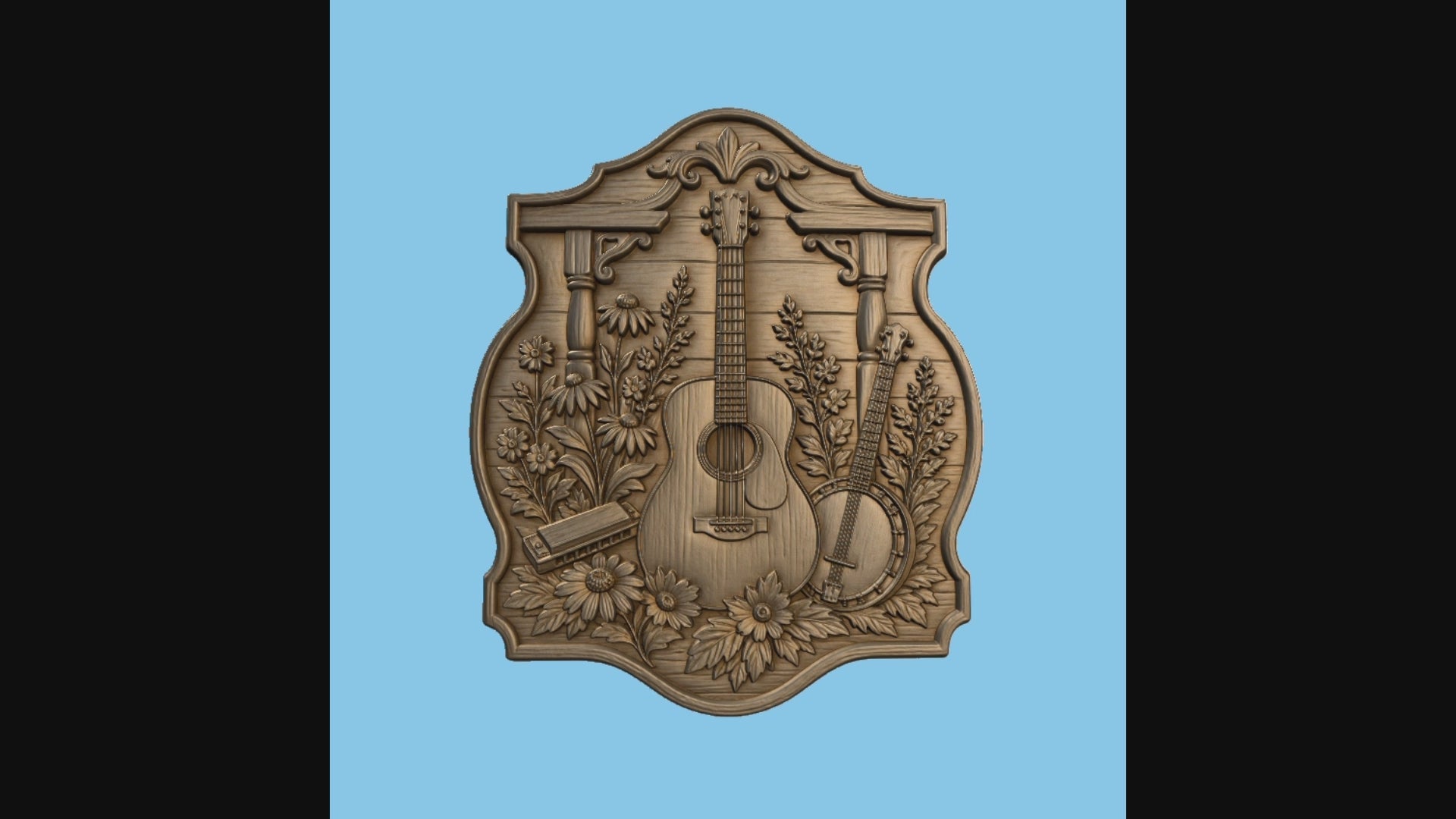 Relief musique guitare banjo et fleurs, fichier STL de très haute qualité pour sculpture bois CNC & impression 3D