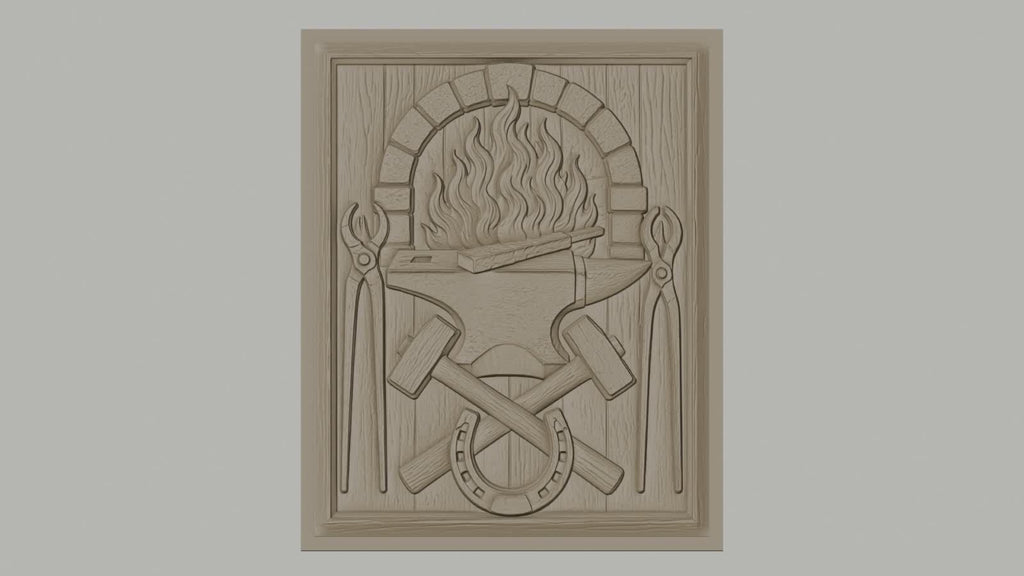 Fichier CNC & impression 3D forgeron, enclume, marteaux croisés, fer à cheval, pinces et feu, haute qualité relief STL