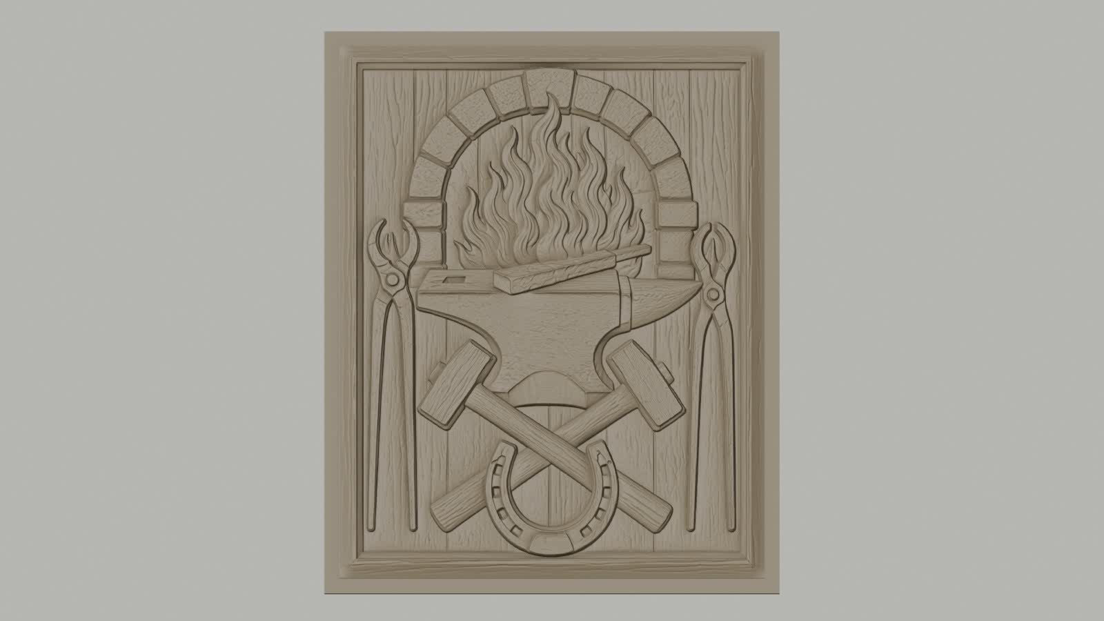 Fichier CNC & impression 3D forgeron, enclume, marteaux croisés, fer à cheval, pinces et feu, haute qualité relief STL