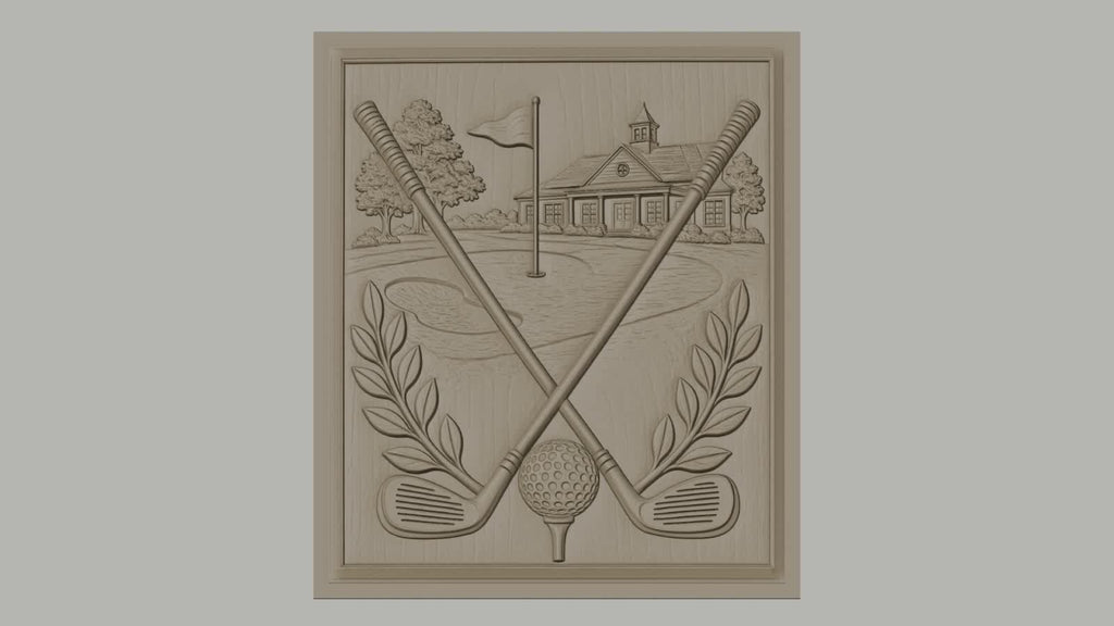 Fichier CNC & impression 3D golf, clubs croisés, balle sur tee, drapeau et club house haute qualité relief STL
