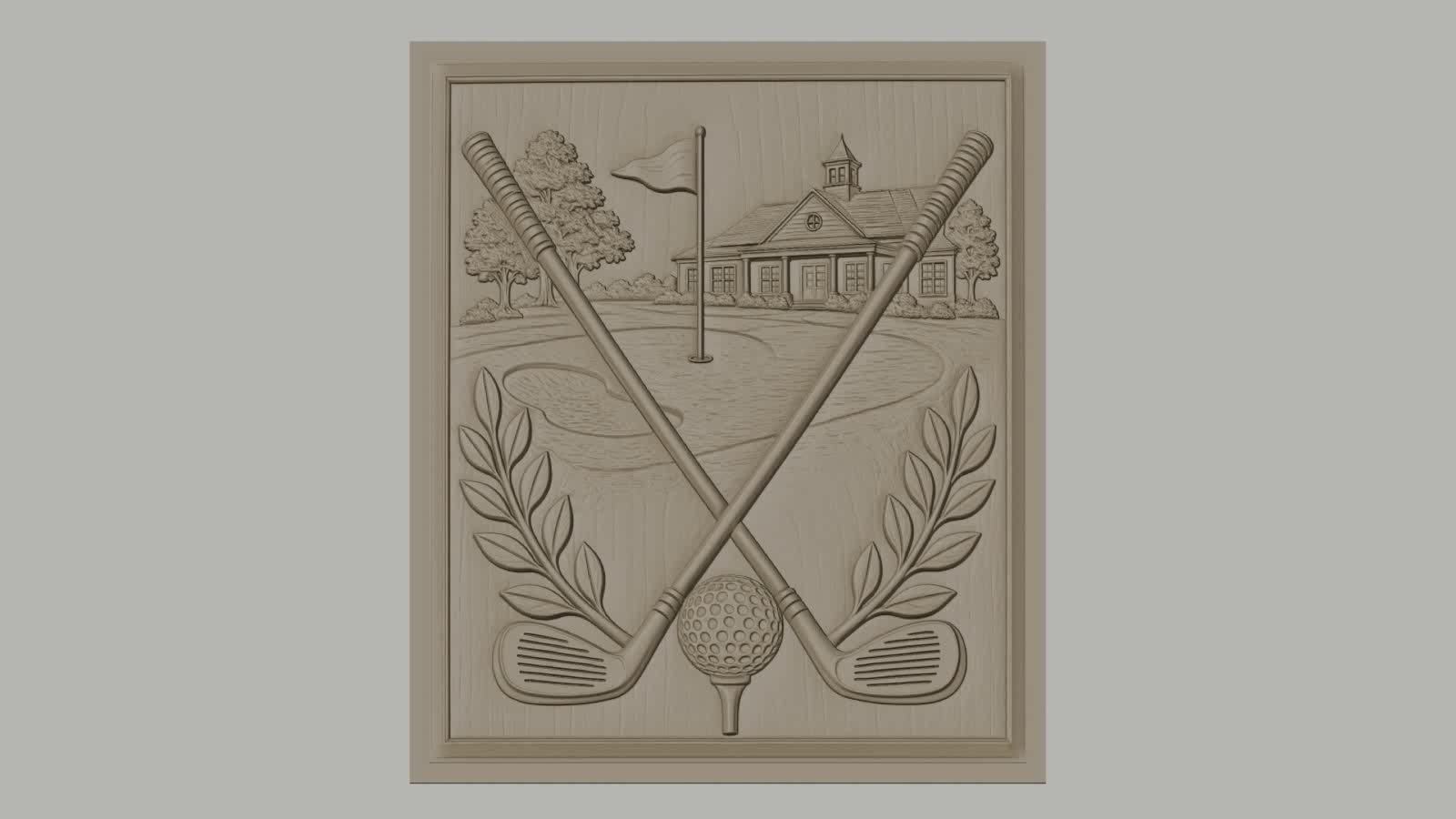 Fichier CNC & impression 3D golf, clubs croisés, balle sur tee, drapeau et club house haute qualité relief STL