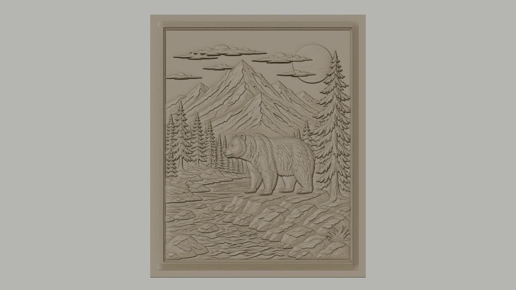 Fichier CNC & impression 3D nature sauvage, ours, rivière, montagnes, pins, haute qualité relief STL