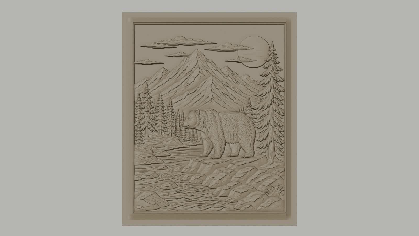 Fichier CNC & impression 3D nature sauvage, ours, rivière, montagnes, pins, haute qualité relief STL