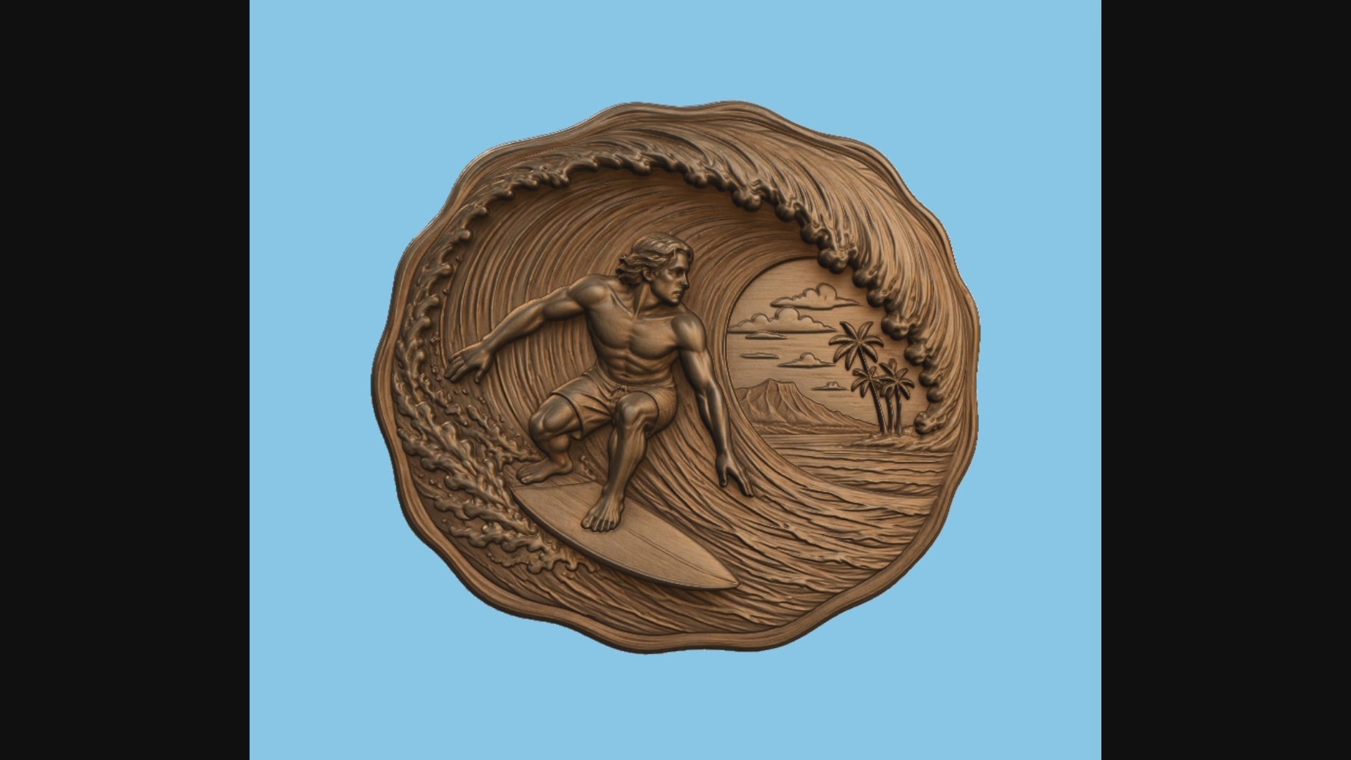 Relief surfeur vague tropicale, CNC & impression 3D, fichier STL, STL de très haute qualité