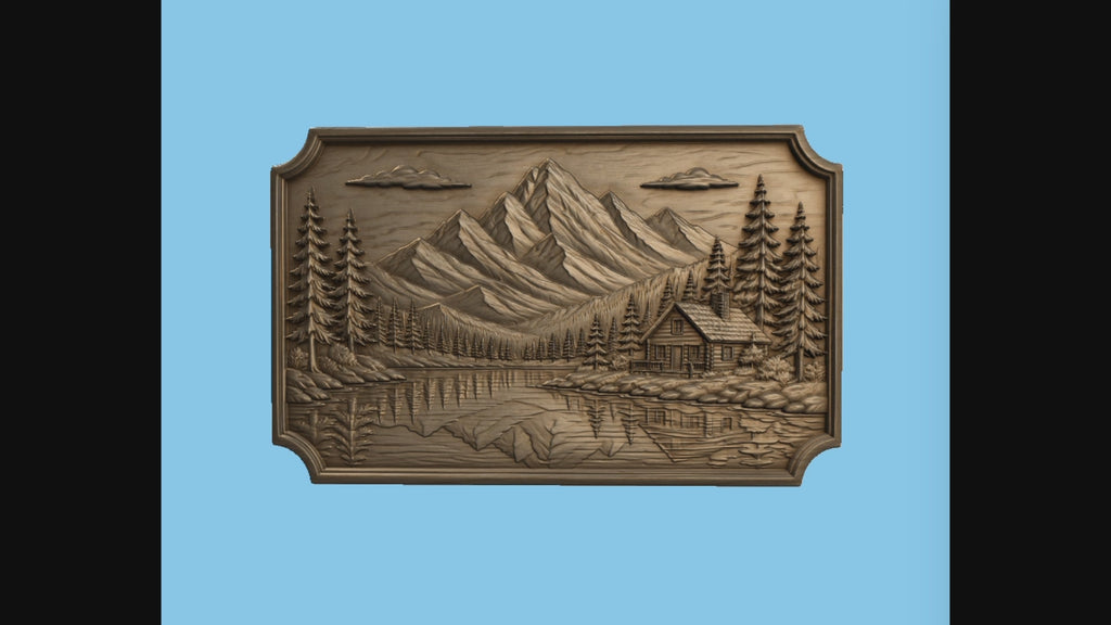 CNC & impression 3D relief chalet au bord du lac, montagnes, sapins et paysage nature, fichier STL haute qualité