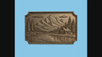 CNC & impression 3D relief chalet au bord du lac, montagnes, sapins et paysage nature, fichier STL haute qualité