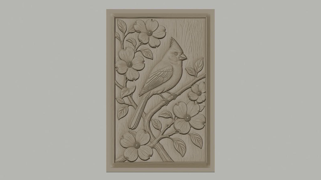 Fichier CNC & impression 3D oiseau cardinal sur branche fleurie, détails nature haute qualité relief STL