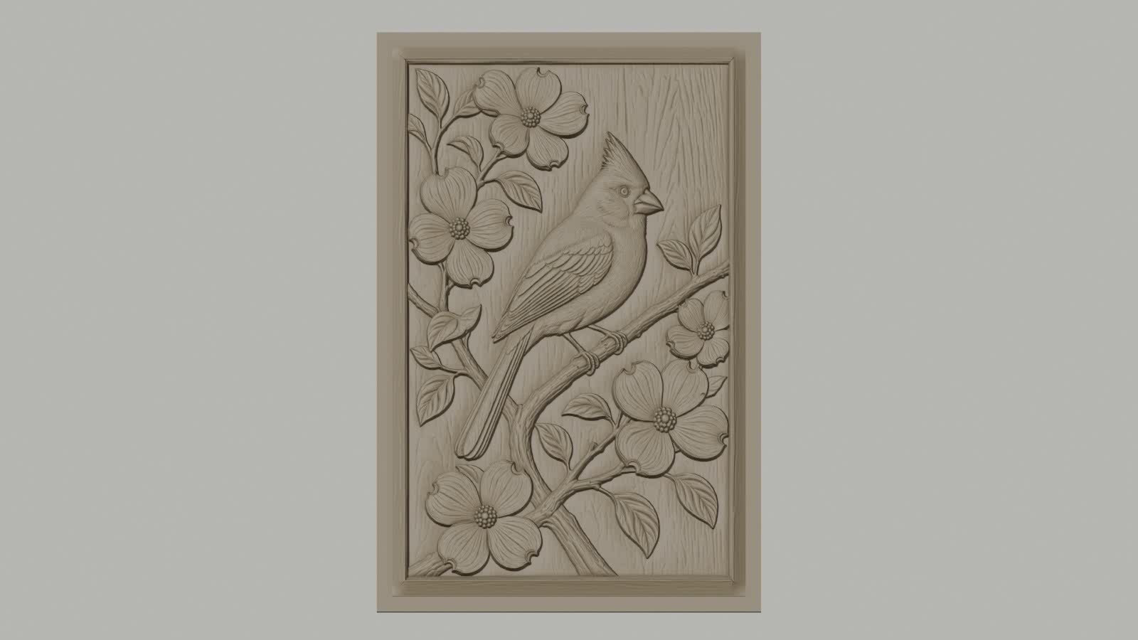 Fichier CNC & impression 3D oiseau cardinal sur branche fleurie, détails nature haute qualité relief STL