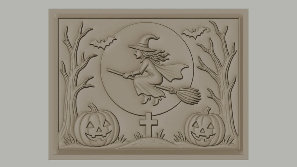 Fichier CNC & impression 3D Halloween, sorcière volante, citrouilles, chauves-souris, tombe, haute qualité relief STL