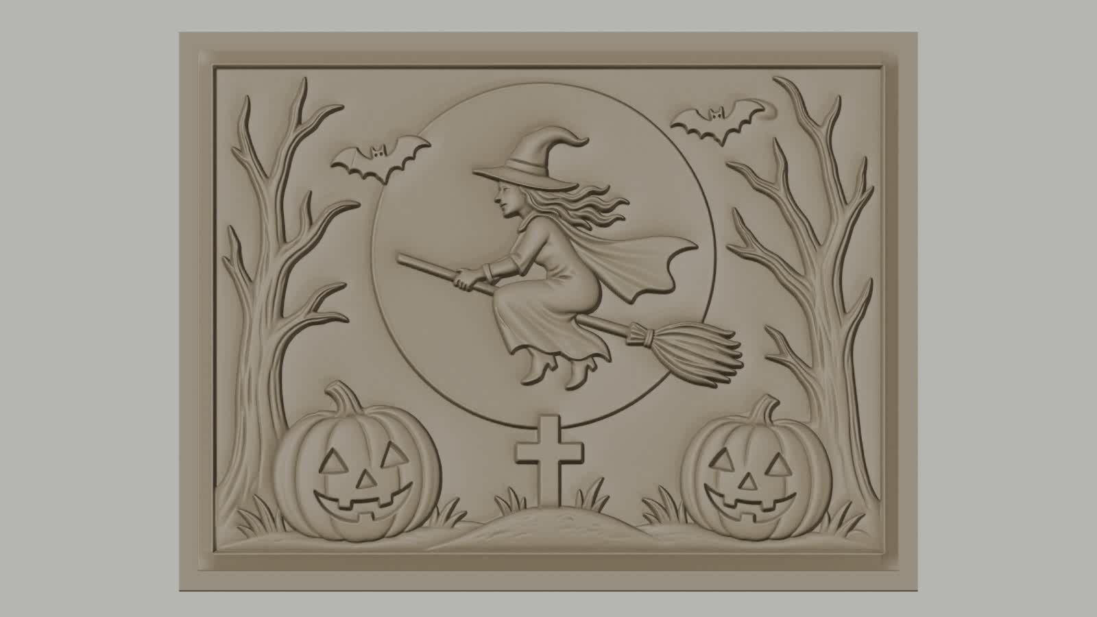 Fichier CNC & impression 3D Halloween, sorcière volante, citrouilles, chauves-souris, tombe, haute qualité relief STL