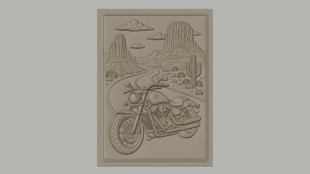 Fichier CNC & impression 3D moto sur route désertique, relief paysage cactus haute qualité relief STL