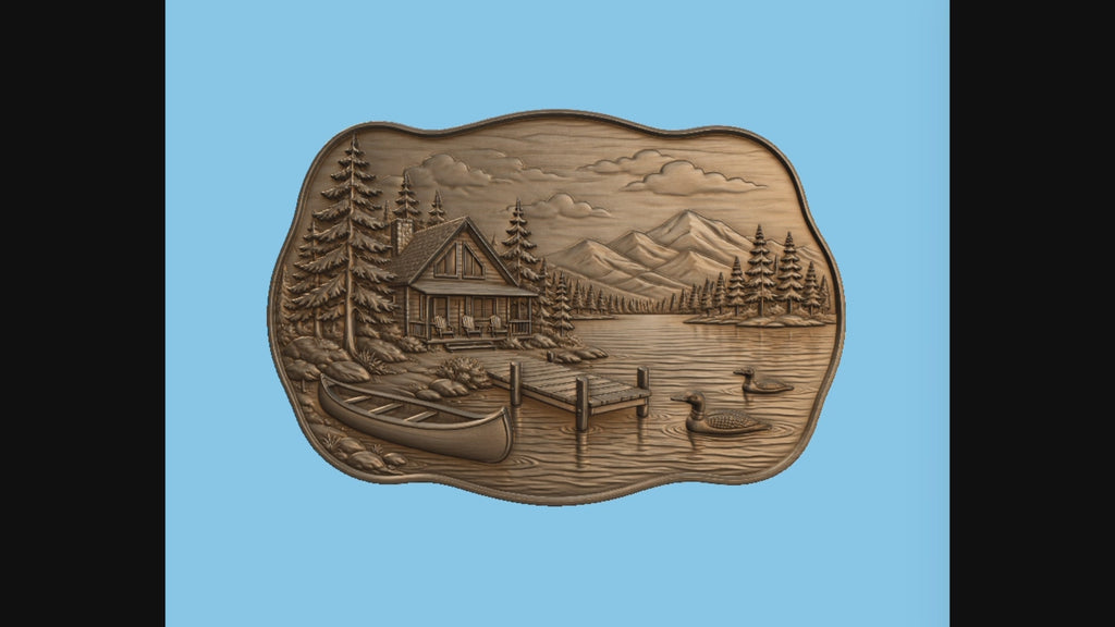 CNC & impression 3D chalet au bord du lac, relief bois nature cabine montagne canoë, fichier STL très haute qualité