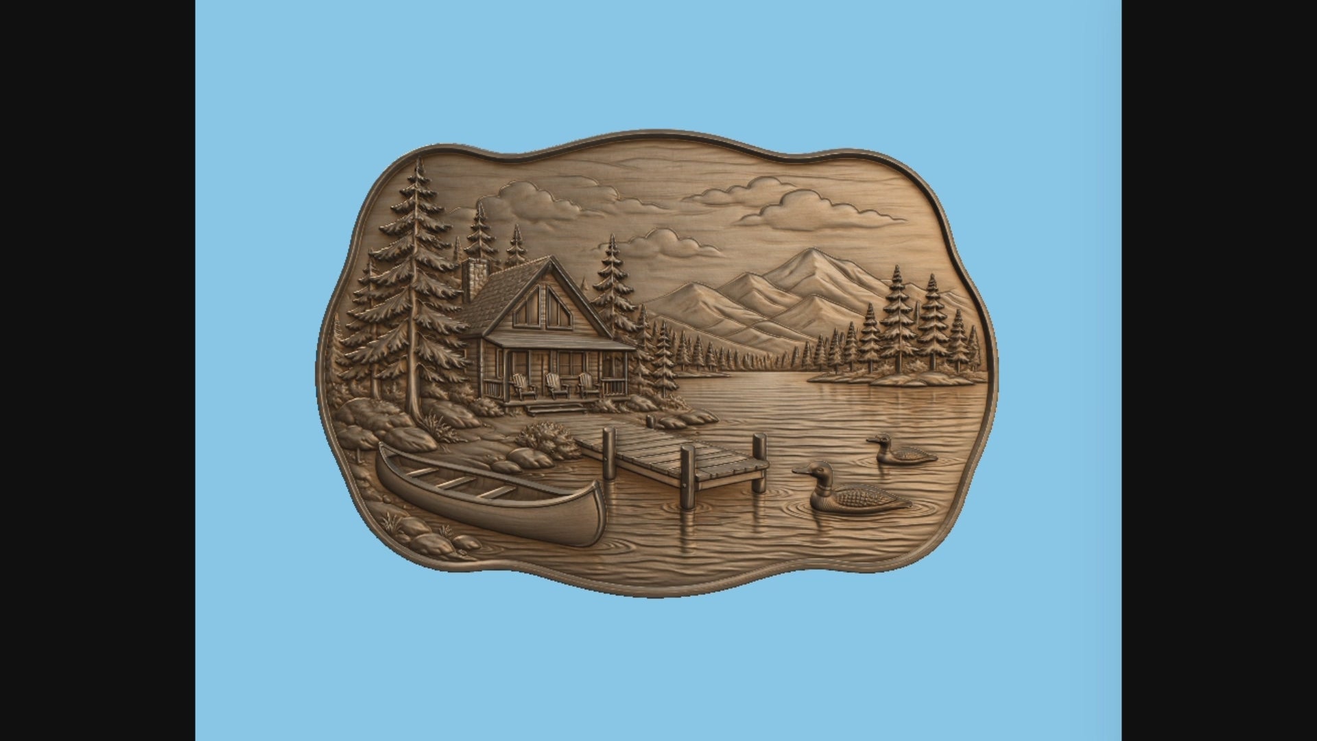 CNC & impression 3D chalet au bord du lac, relief bois nature cabine montagne canoë, fichier STL très haute qualité