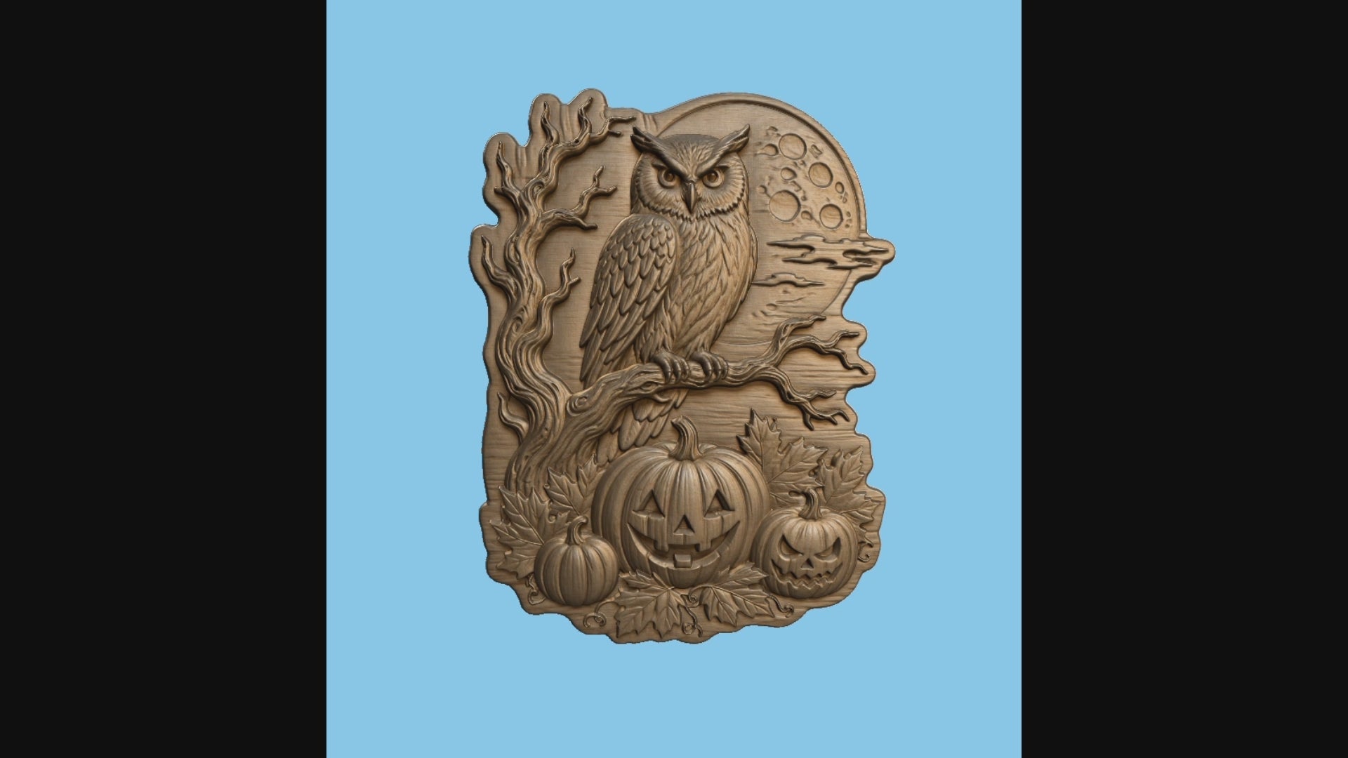Relief chouette Halloween CNC & impression 3D, citrouilles, pleine lune et feuilles d’automne, fichier STL haute qualité