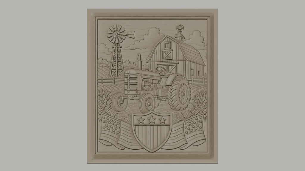 Fichier CNC & impression 3D ferme américaine, tracteur, grange, moulin à vent, drapeaux USA, haute qualité relief STL