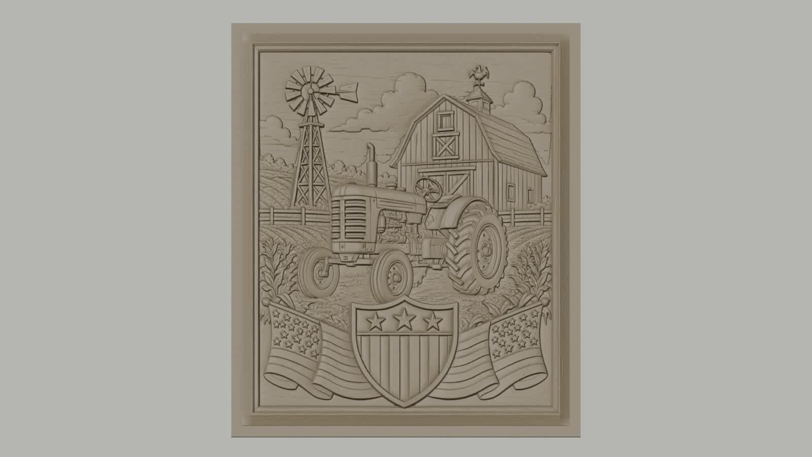 Fichier CNC & impression 3D ferme américaine, tracteur, grange, moulin à vent, drapeaux USA, haute qualité relief STL