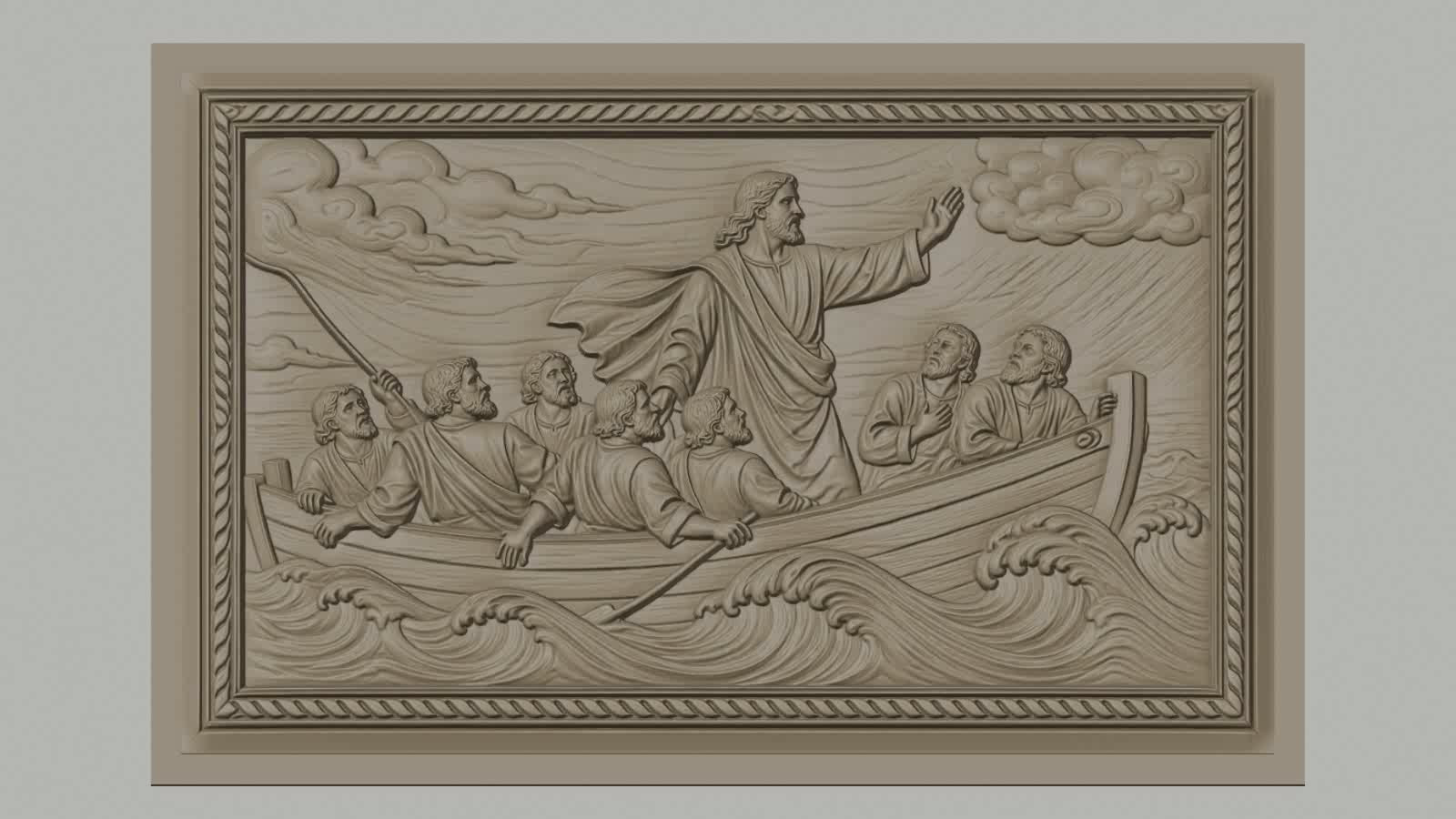 Fichier CNC & impression 3D Jésus apaisant la tempête, scène biblique en bateau, haute qualité relief STL