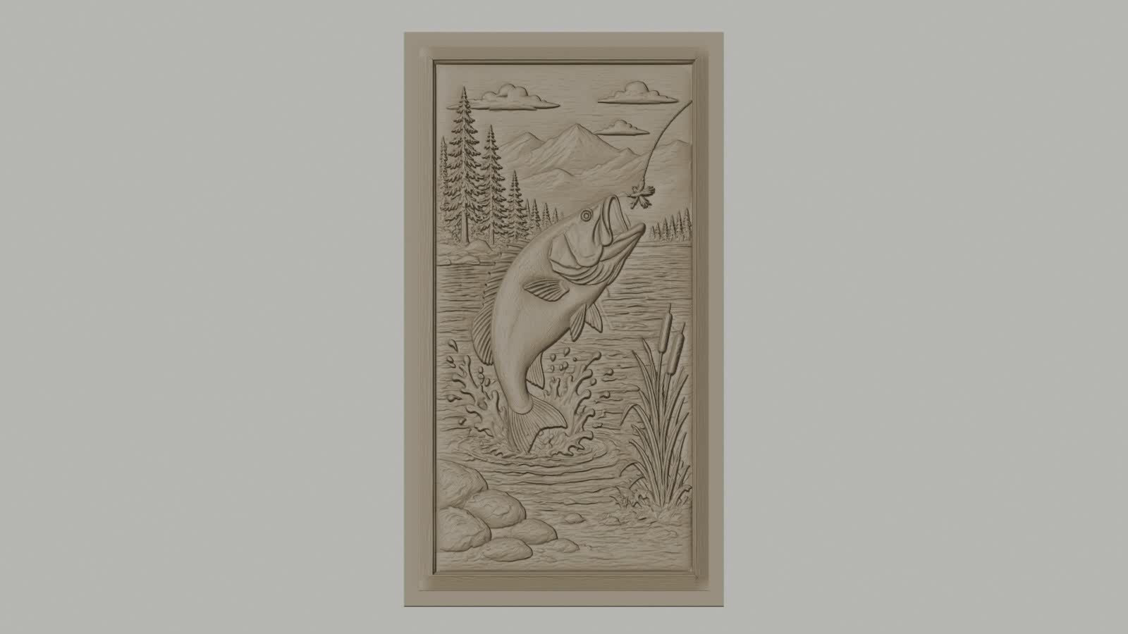 Fichier CNC & impression 3D poisson sautant, paysage nature, montagnes, arbres et eau, haute qualité relief STL