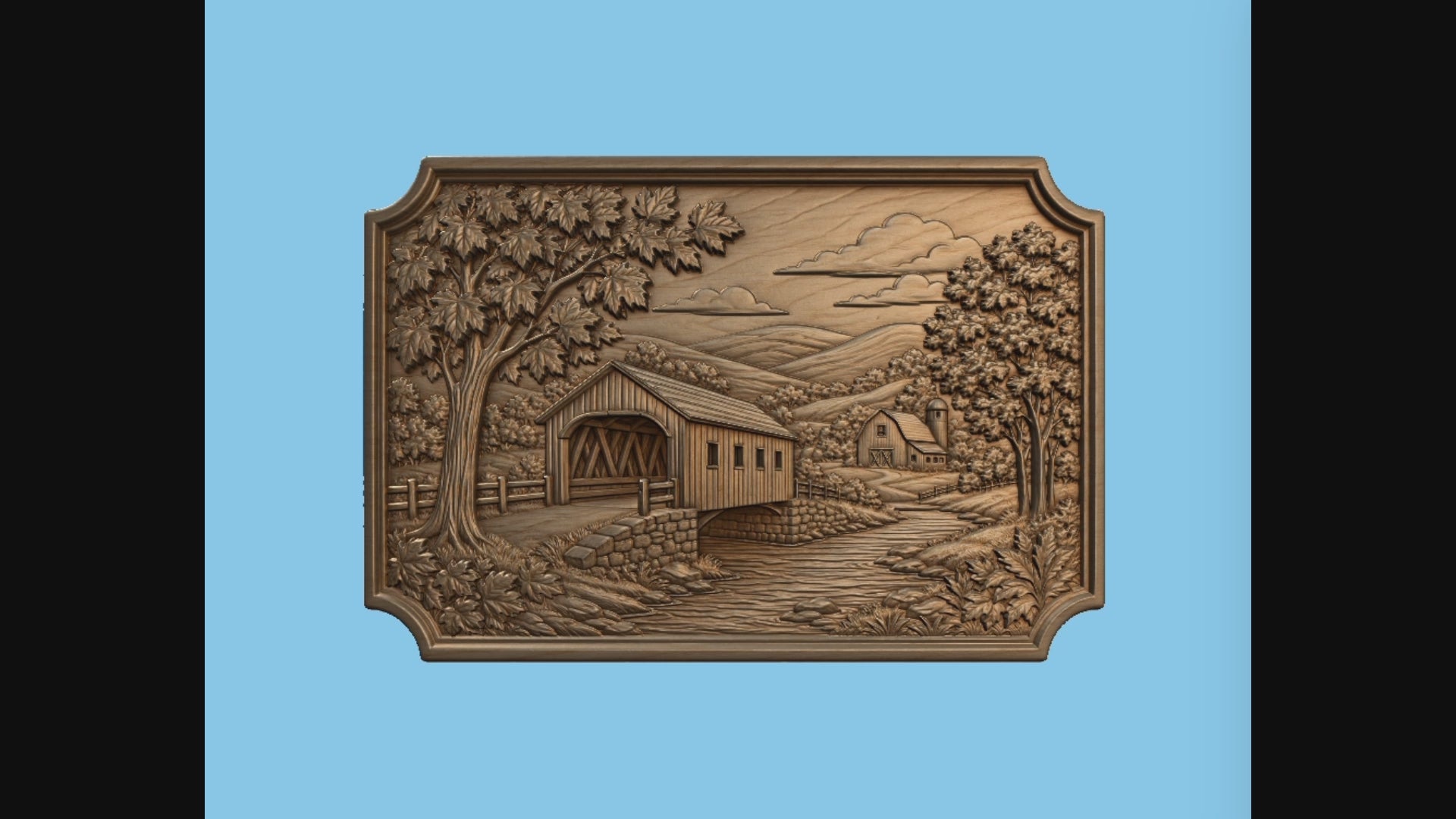 CNC & impression 3D relief pont couvert rustique, rivière, arbres et paysage country, fichier STL très haute qualité