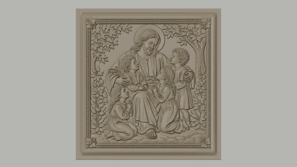 Fichier CNC & impression 3D Jésus avec enfants, scène religieuse florale, haute qualité relief STL