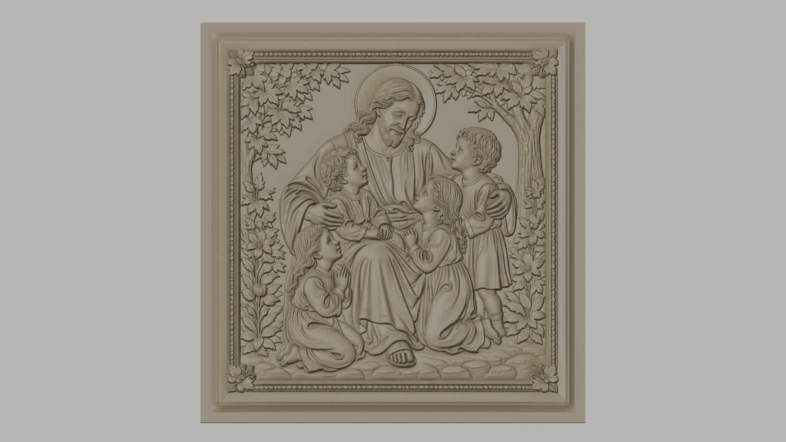Fichier CNC & impression 3D Jésus avec enfants, scène religieuse florale, haute qualité relief STL