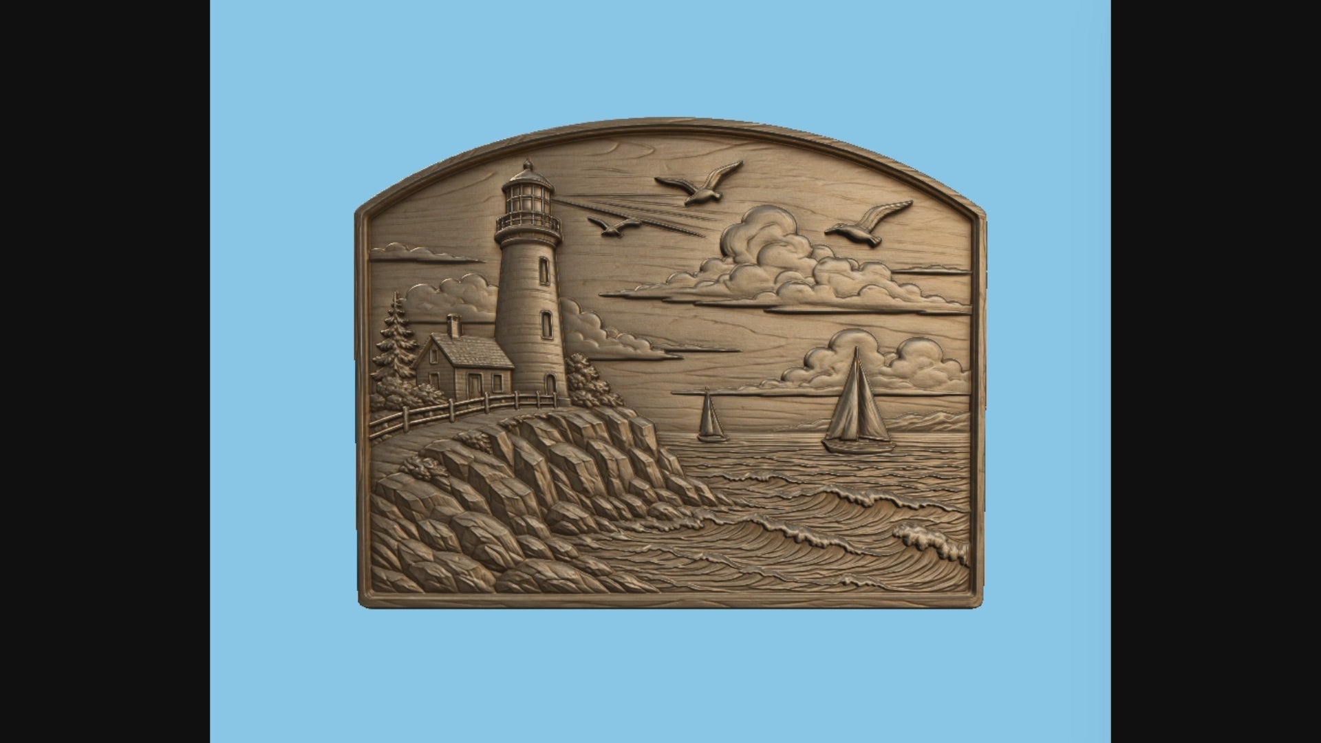 CNC & impression 3D relief phare côtier, voiliers, rochers et mer, sculpture bois fichier STL haute qualité