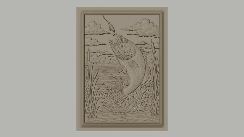 Fichier CNC & impression 3D poisson bass sautant, eau, plantes aquatiques haute qualité relief STL