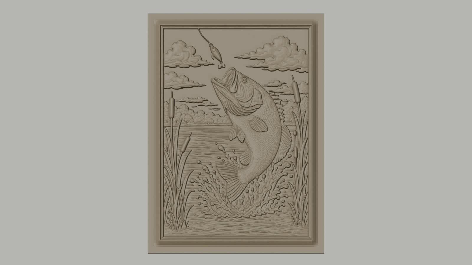 Fichier CNC & impression 3D poisson bass sautant, eau, plantes aquatiques haute qualité relief STL