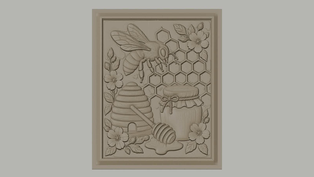 Fichier CNC & impression 3D thème abeille, ruche, pot de miel, fleurs et alvéoles, haute qualité relief STL