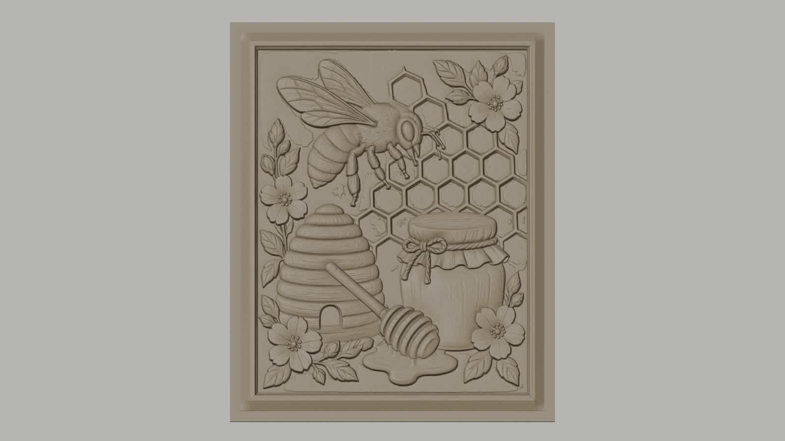 Fichier CNC & impression 3D thème abeille, ruche, pot de miel, fleurs et alvéoles, haute qualité relief STL