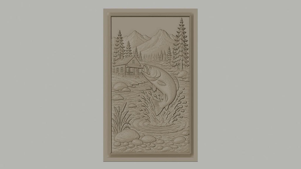 Fichier CNC & impression 3D pêche à la truite, rivière, chalet, montagne, arbres, haute qualité relief STL