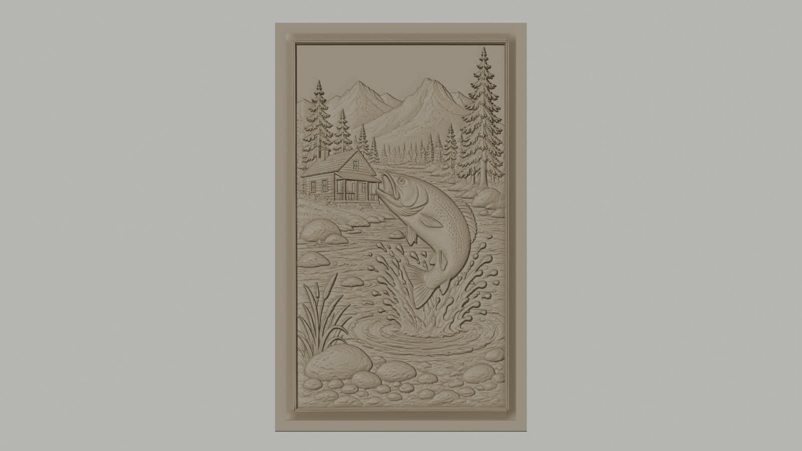 Fichier CNC & impression 3D pêche à la truite, rivière, chalet, montagne, arbres, haute qualité relief STL
