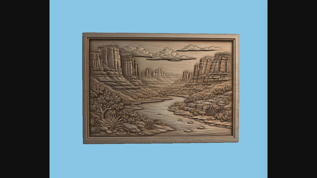 CNC & impression 3D relief canyon désertique, rivière, falaises et paysage western, sculpture bois fichier STL